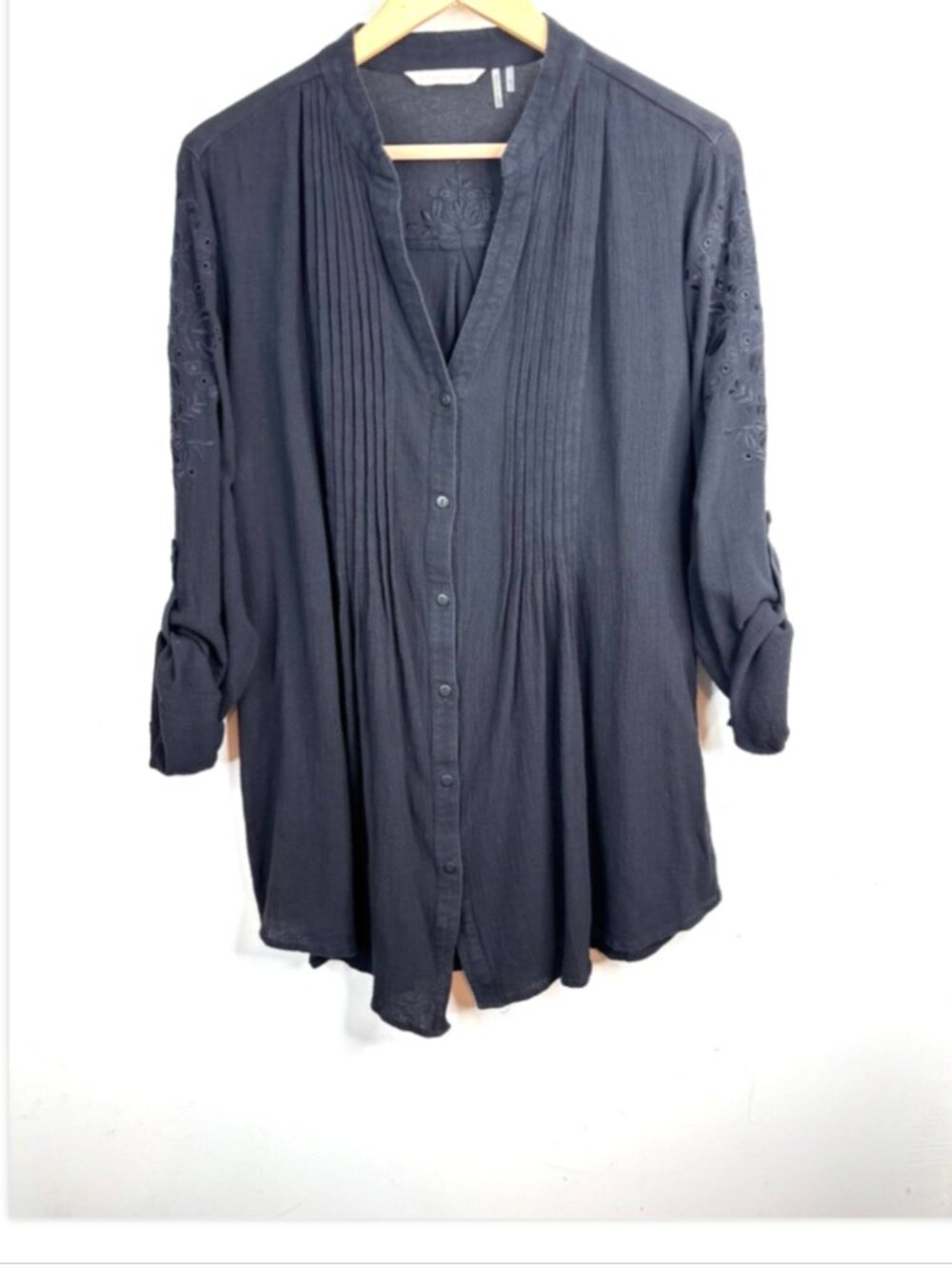 Soft Surrounding Black Lace Gauze Tunic XL Button Front Pintuck Boho Whimsigoth